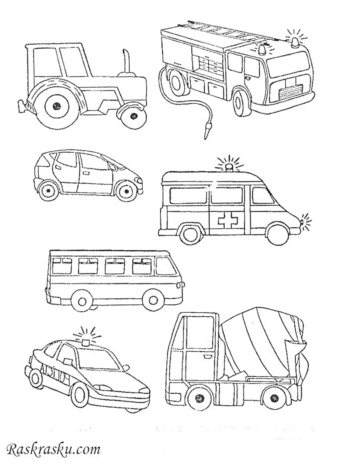 На раскраске изображено: Трактор, Пожарная машина, Легковая машина, Скорая помощь, Минивэн, Транспорт, Для детей