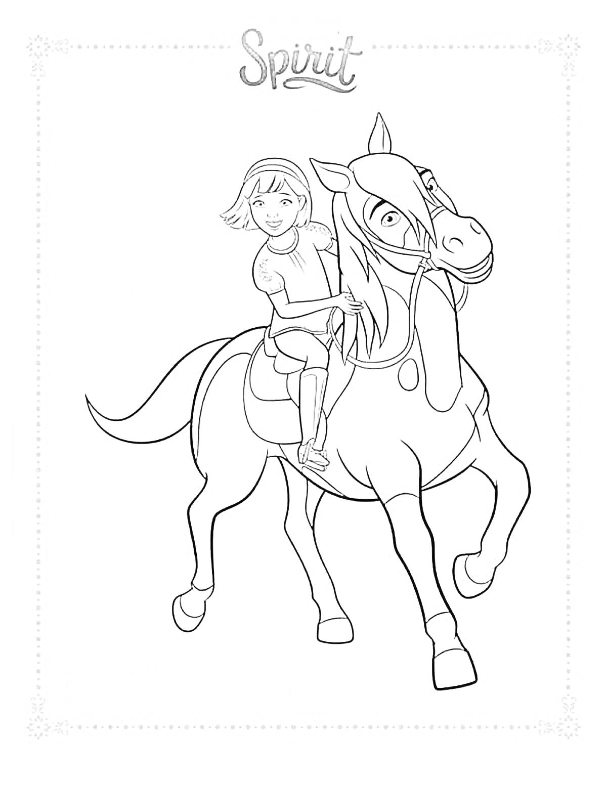 На раскраске изображено: Спирит, Лошадь, Верховая езда, Приключения