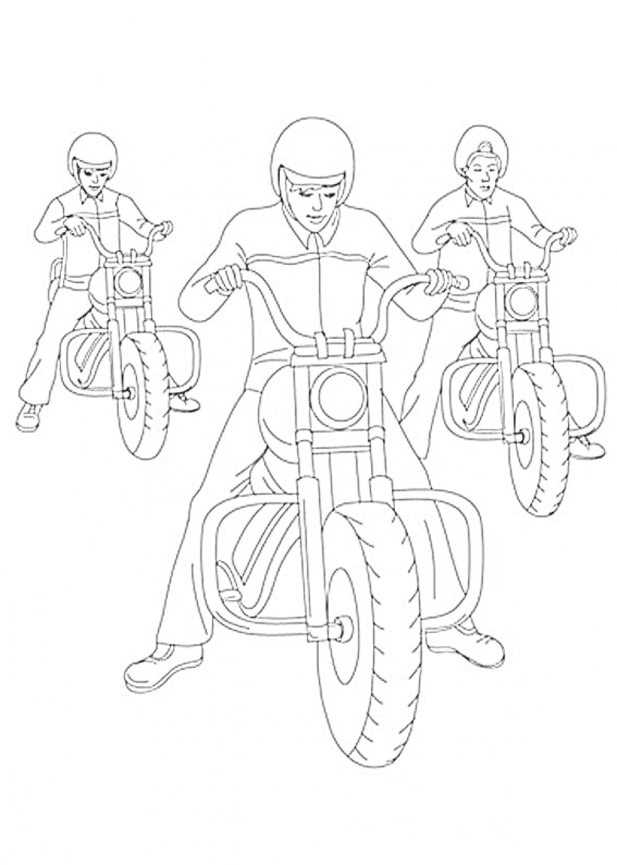 На раскраске изображено: Мотоциклист, Мотоцикл, Гонщики, Шлемы, Спорт