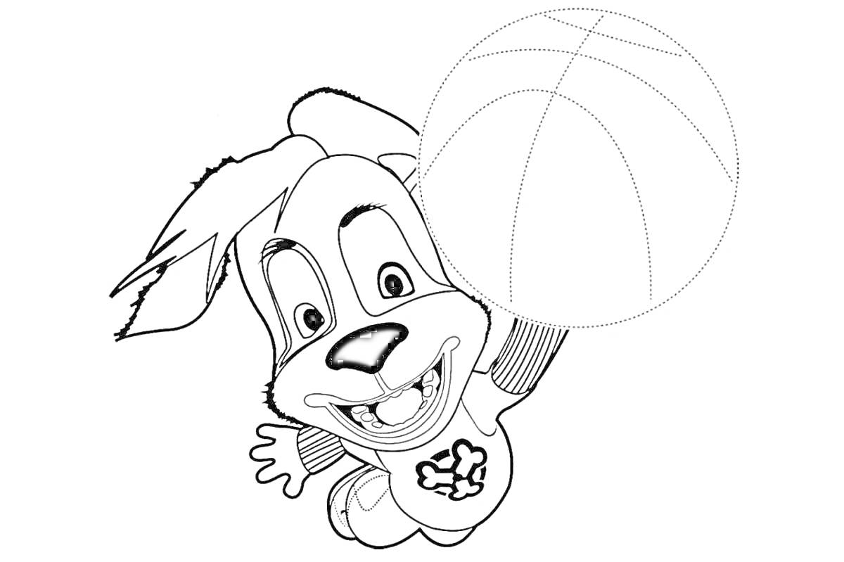 Раскраска щенок с баскетбольным мячом, персонаж из мультика Барбоскины