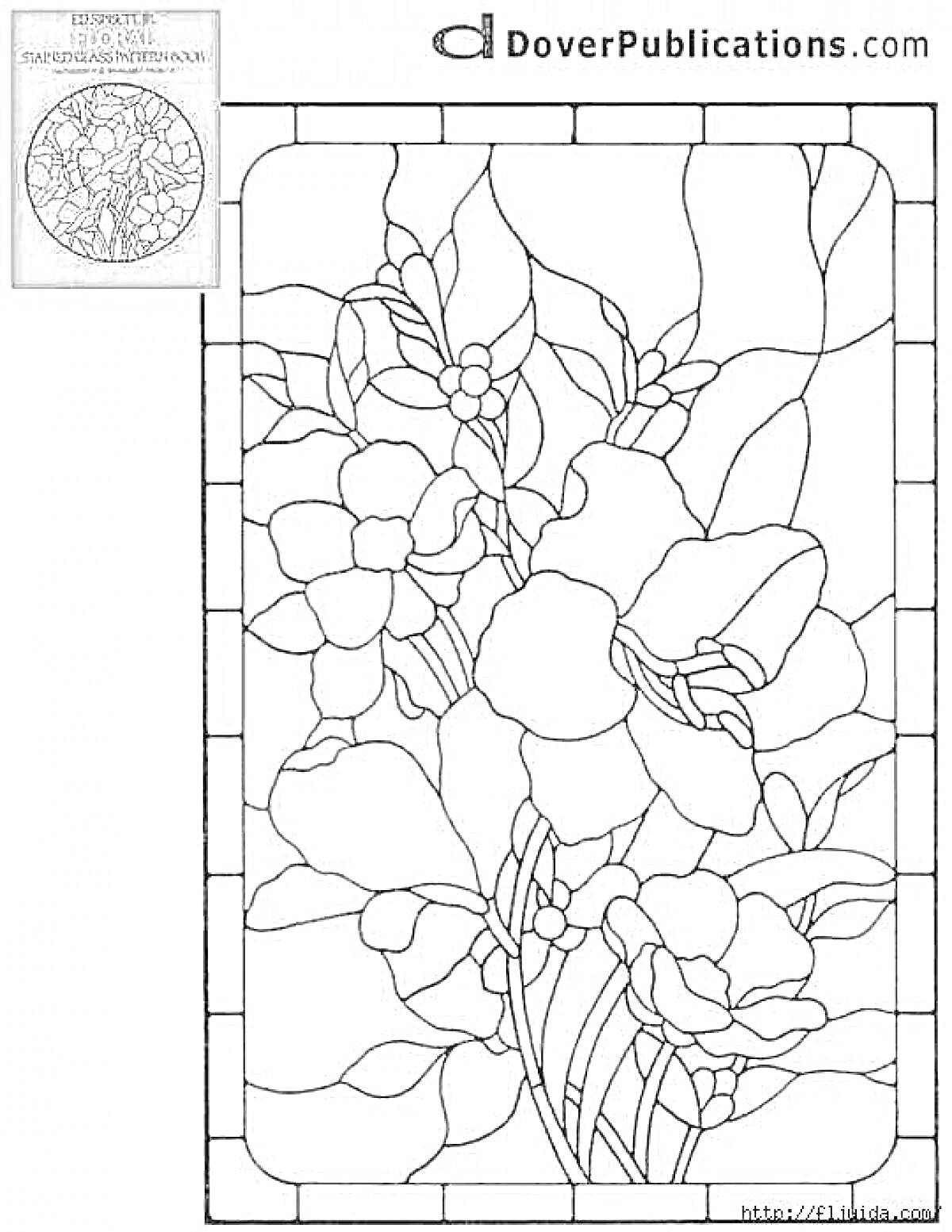 Раскраска Витражные цветы с большими и маленькими лепестками и листьями