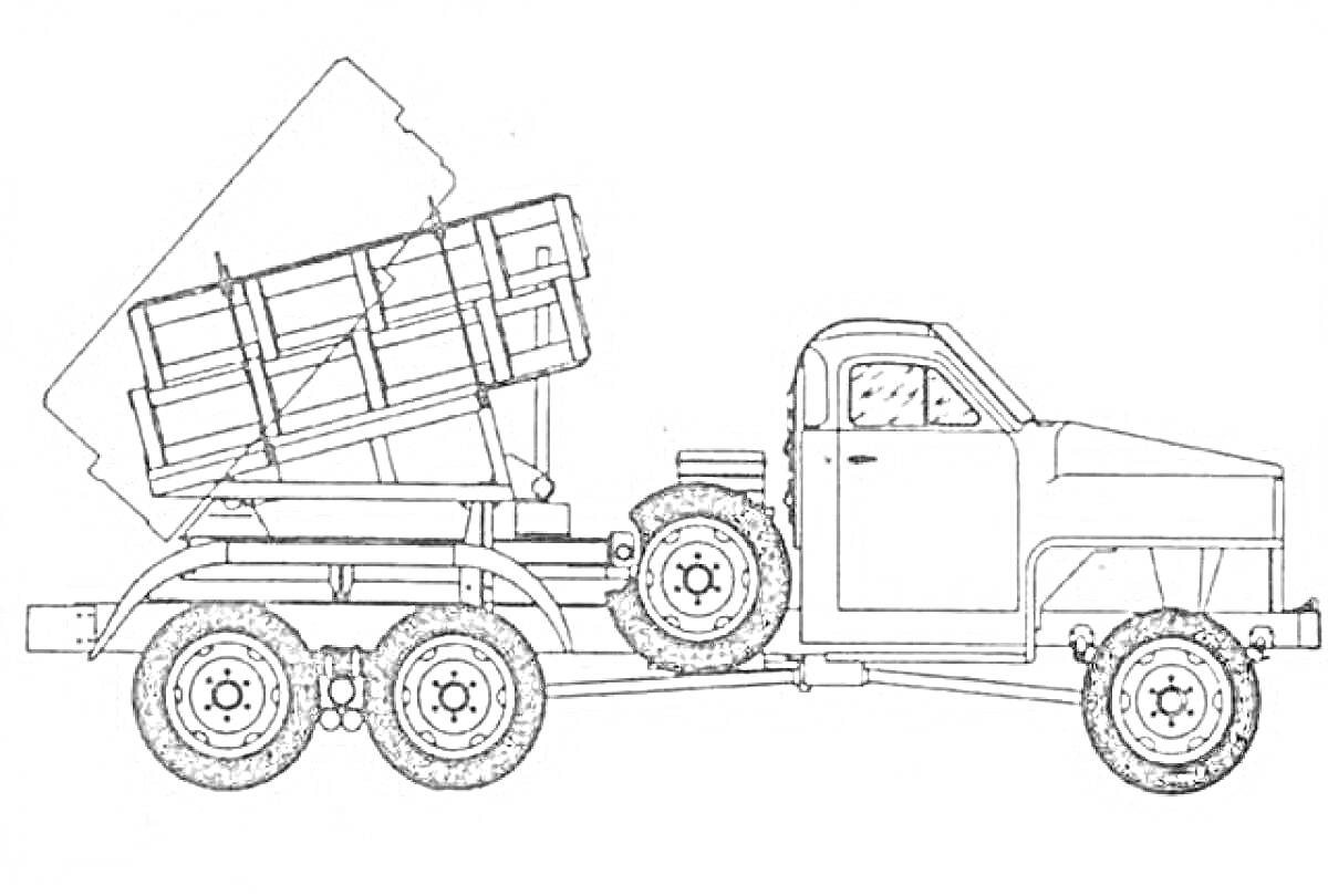 Раскраска Катюша, военный грузовик, пусковая установка ракет, грузовик на колесах