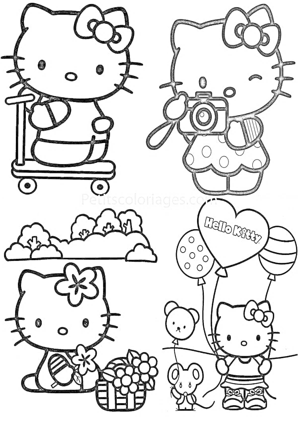 На раскраске изображено: Hello Kitty, Самокат, Фотоаппарат, Цветы, Сад, Корзина, Воздушные шары, Мышь, Хелло Китти