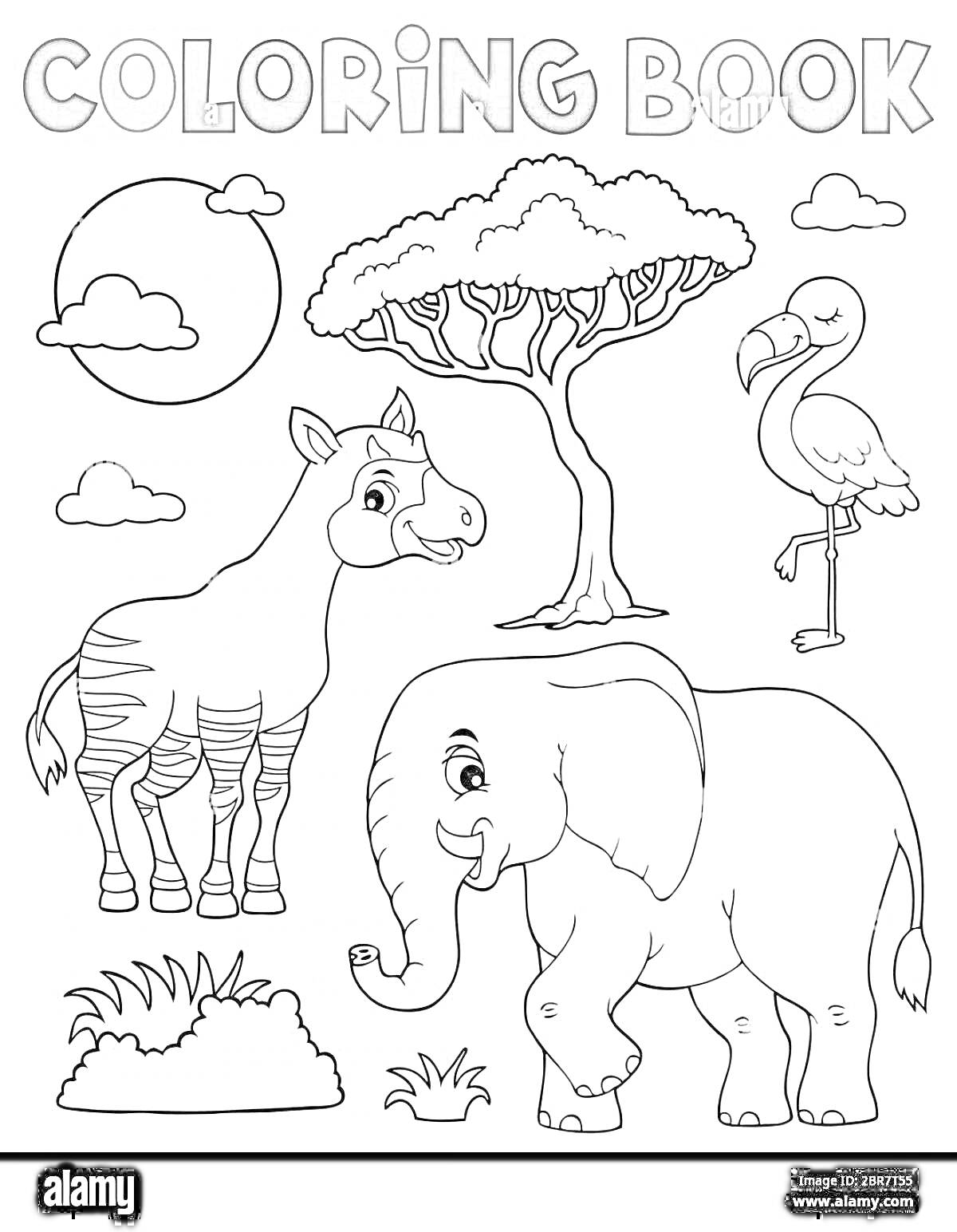 На раскраске изображено: Окапи, Слон, Фламинго, Солнце, Облака, Природа, Животные