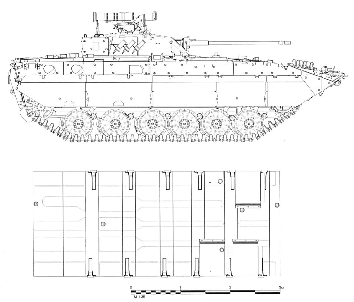 БМП-2 боковая проекция с чертежом деталей корпуса