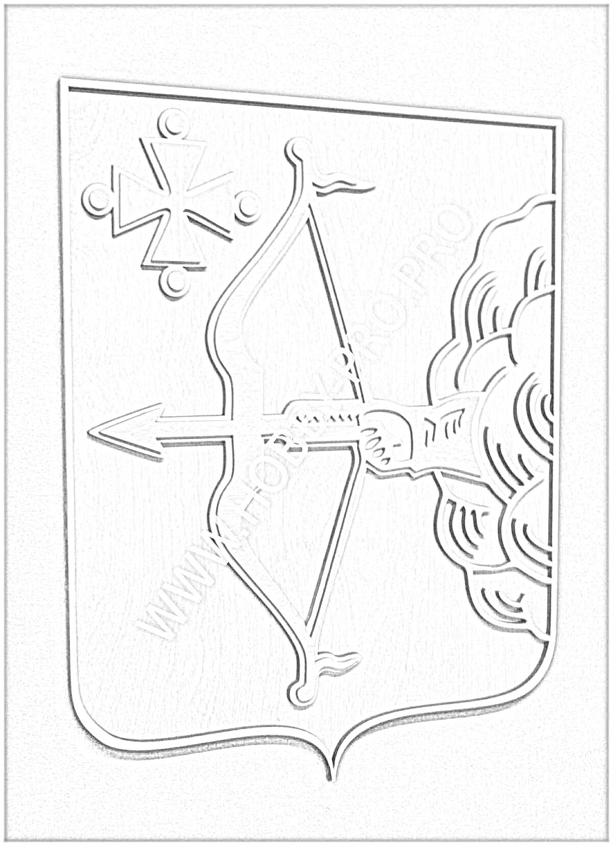 Раскраска Герб Кировской области: лук со стрелой, рука, выходящая из облака, и восьмиконечный крест с полумесяцами