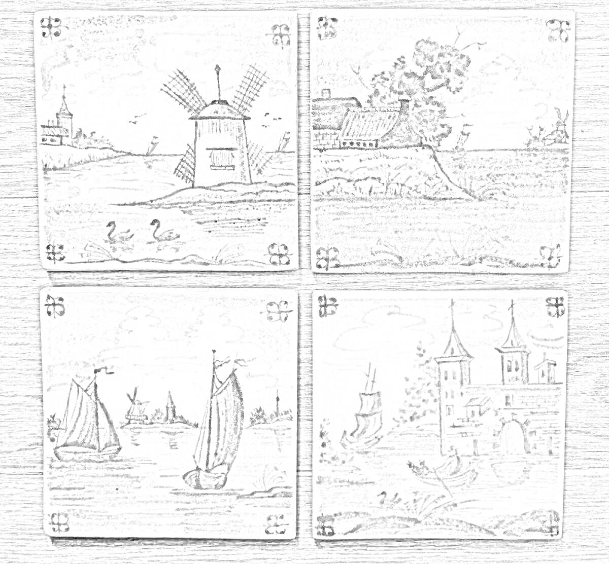 Раскраска Керамическая плитка ручной работы с пейзажами и морскими видами: мельница, деревенский дом с деревом, парусники на воде и замок с башнями и морем