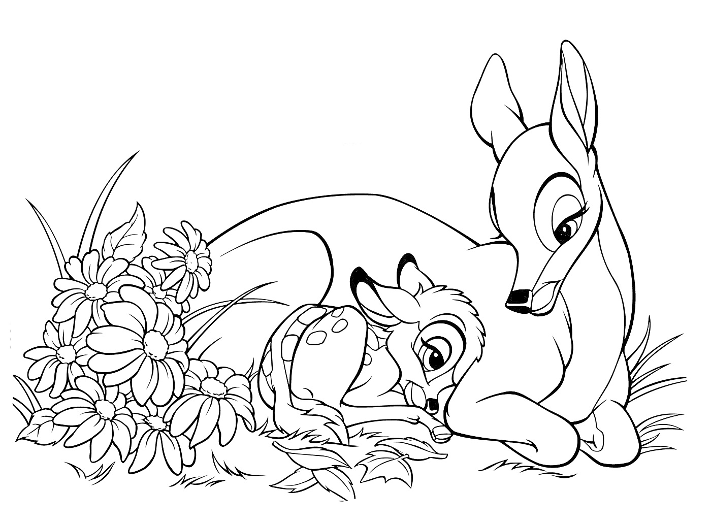 Раскраска Бэмби и его мама рядом с цветами