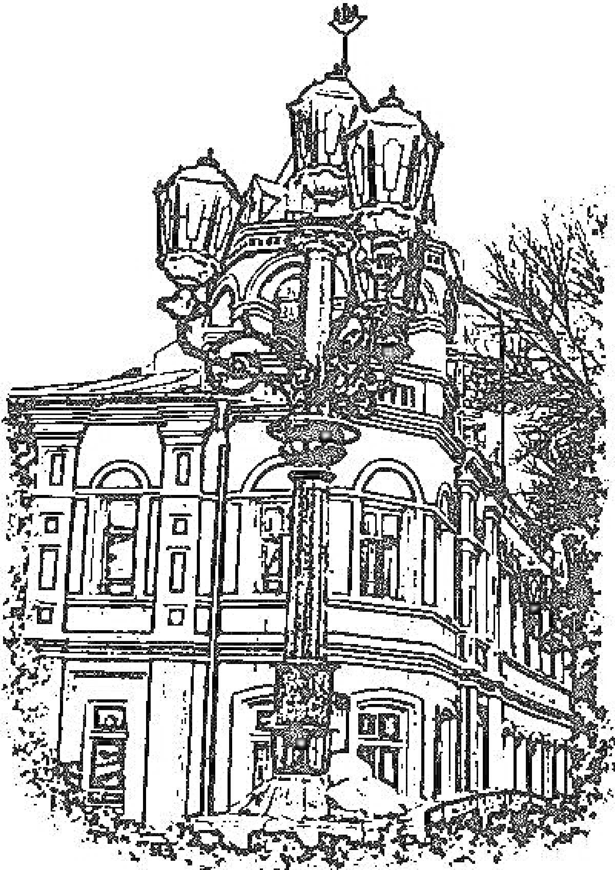 Раскраска Улица в Воронеже с историческим зданием и фонарным столбом