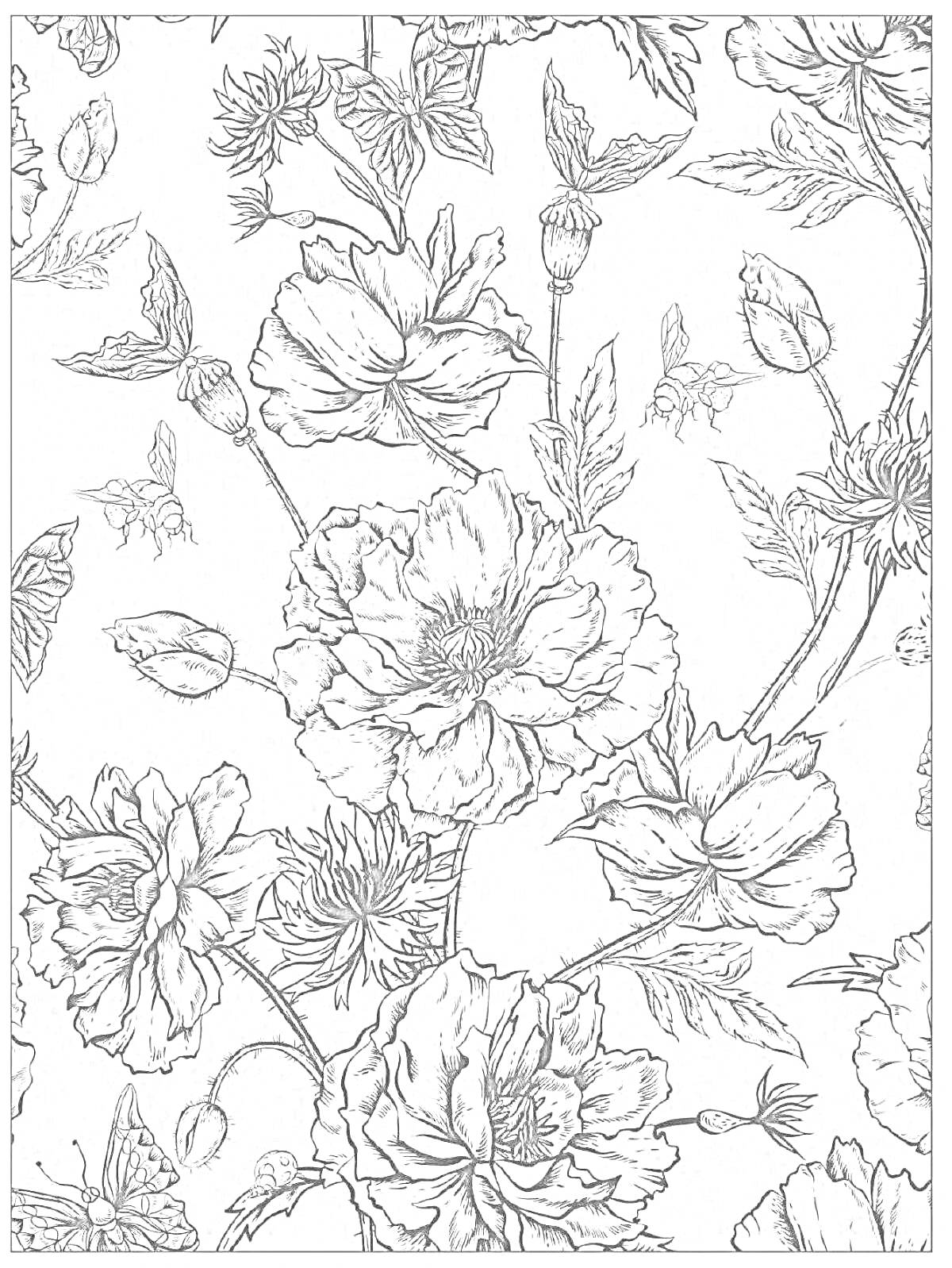 Раскраска Цветы и бутоны, листья и бутоны