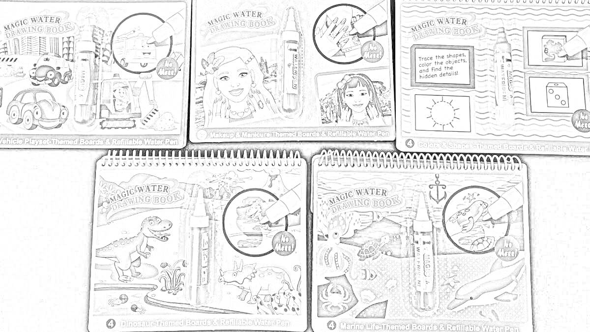 Раскраска Набор водных раскрасок: машины и город, принцесса, девочка и животные, занятия в классе, динозавры, подводный мир и пират