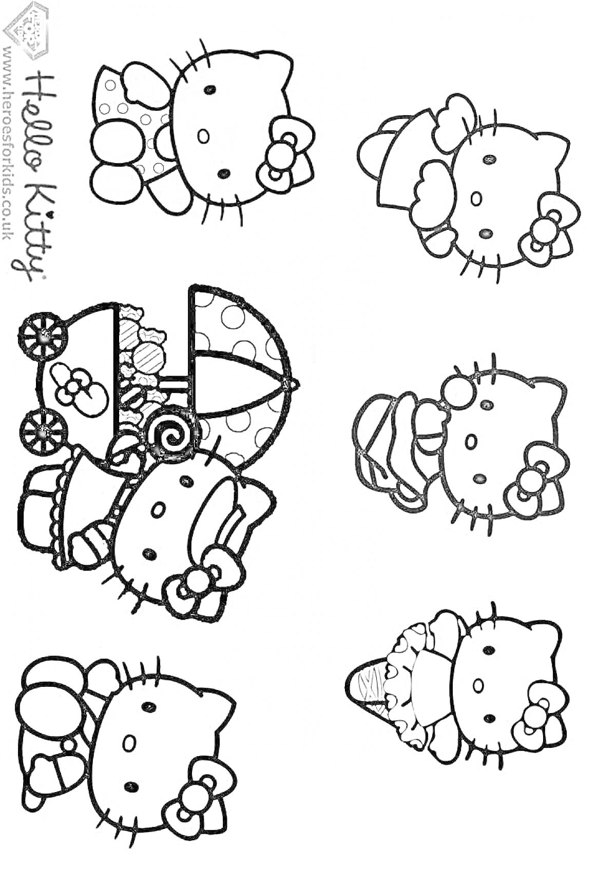 Раскраска Хелло Китти в разных нарядах (с мороженым, тележкой, зонтиком)