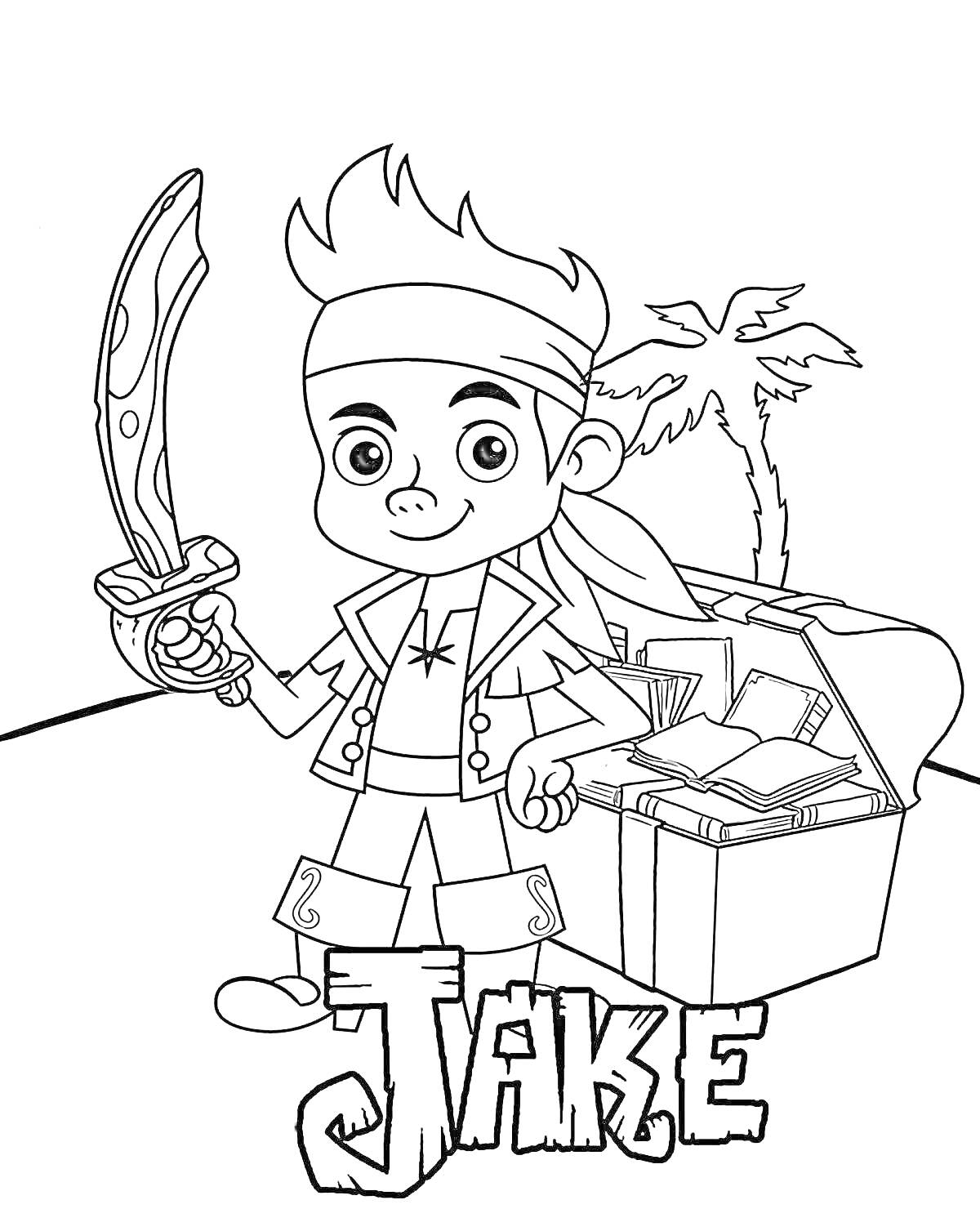 На раскраске изображено: Мальчик, Сабля, Сундук с сокровищами, Мультипликационный персонаж