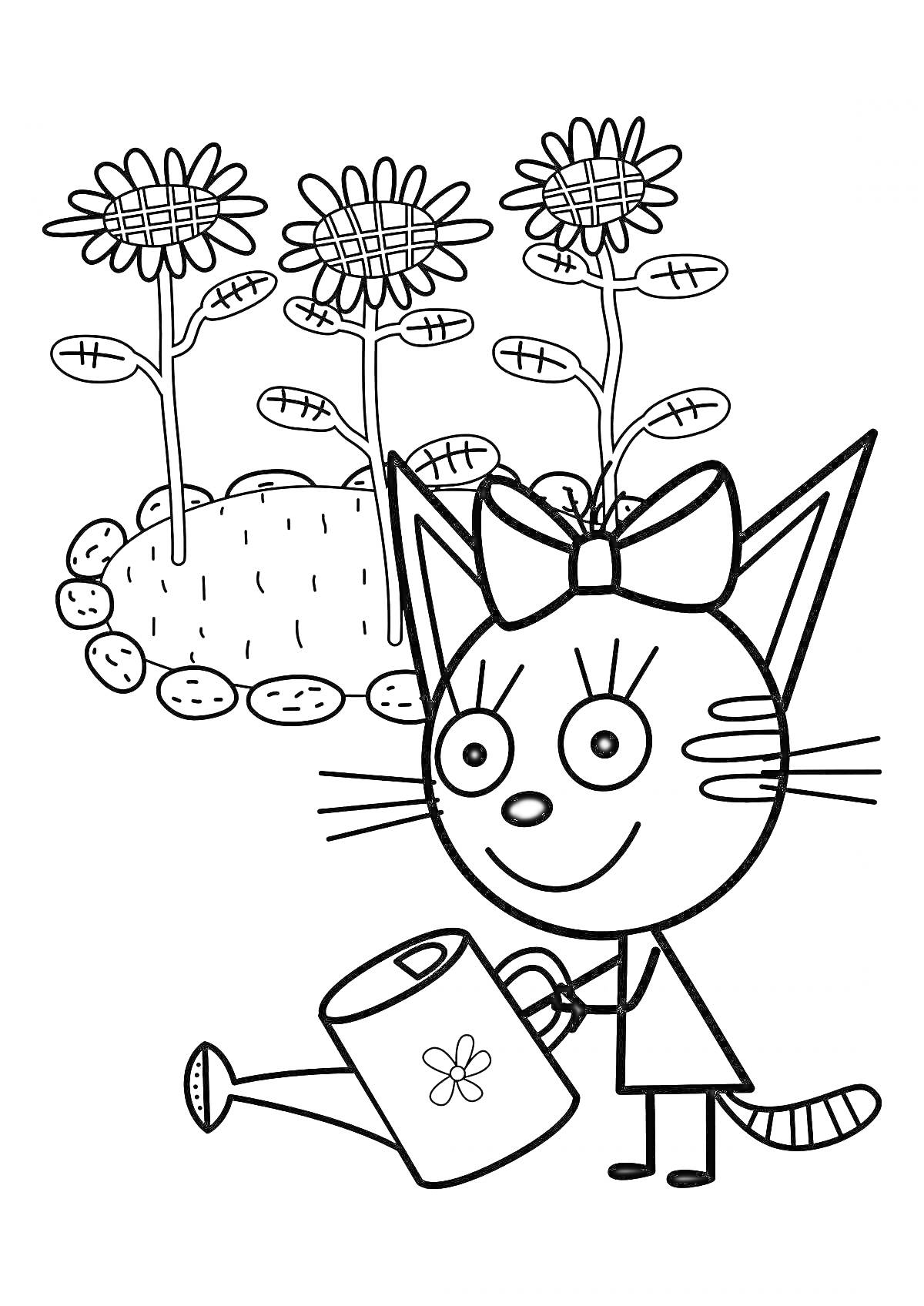 Раскраска Кошка с бантиком, поливающая цветы, возле клумбы
