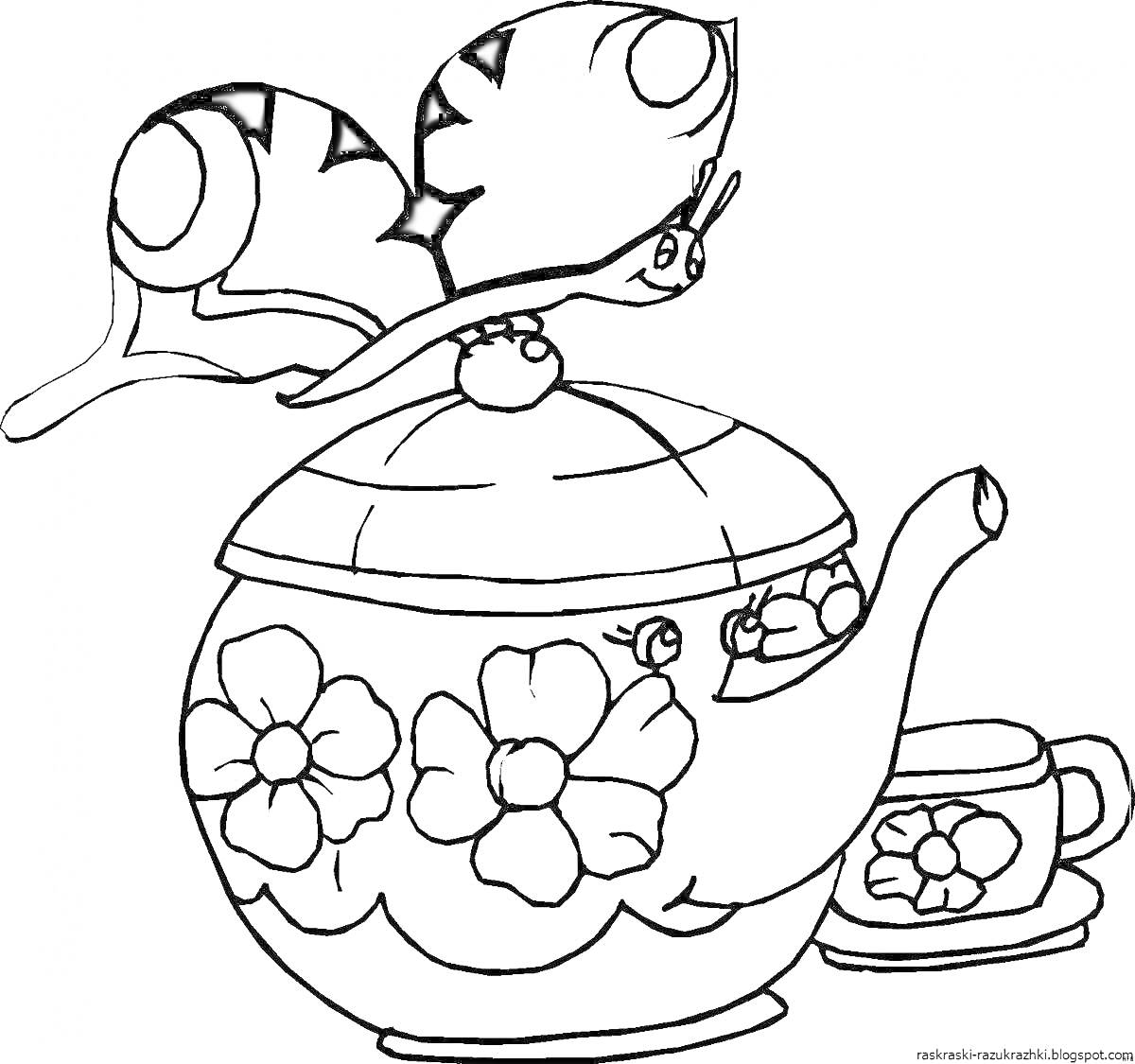 Раскраска Чайник с цветами, чашка и улитка на крышке