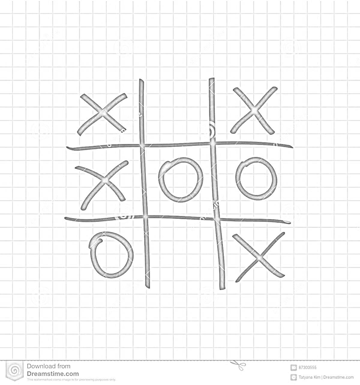 Раскраска крестики нолики на клетчатой бумаге, три X, три O, один пустой клетка