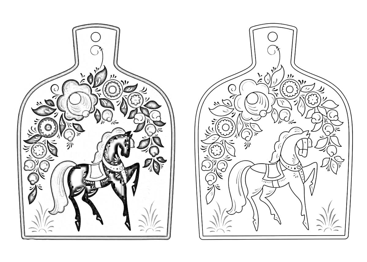 Раскраска Доски для резки с цветами и лошадью