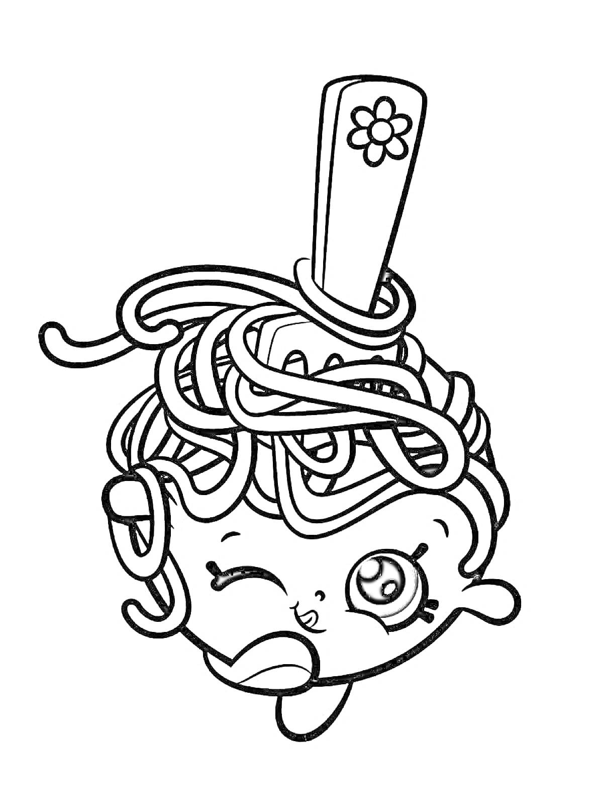 Раскраска Шопкинс с лапшой на голове и палочкой