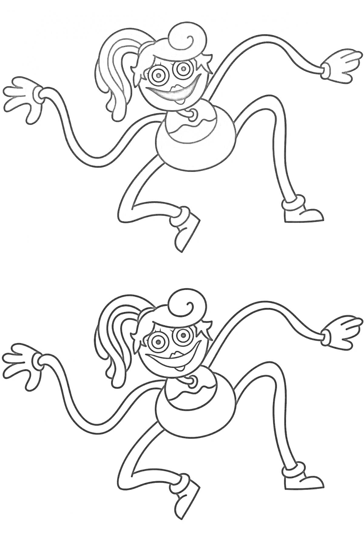 Раскраска Два изображения Mommy Long Legs с длинными руками и ногами, с хвостиком на голове, в очках, с улыбкой на лице и с туфлями на ногах