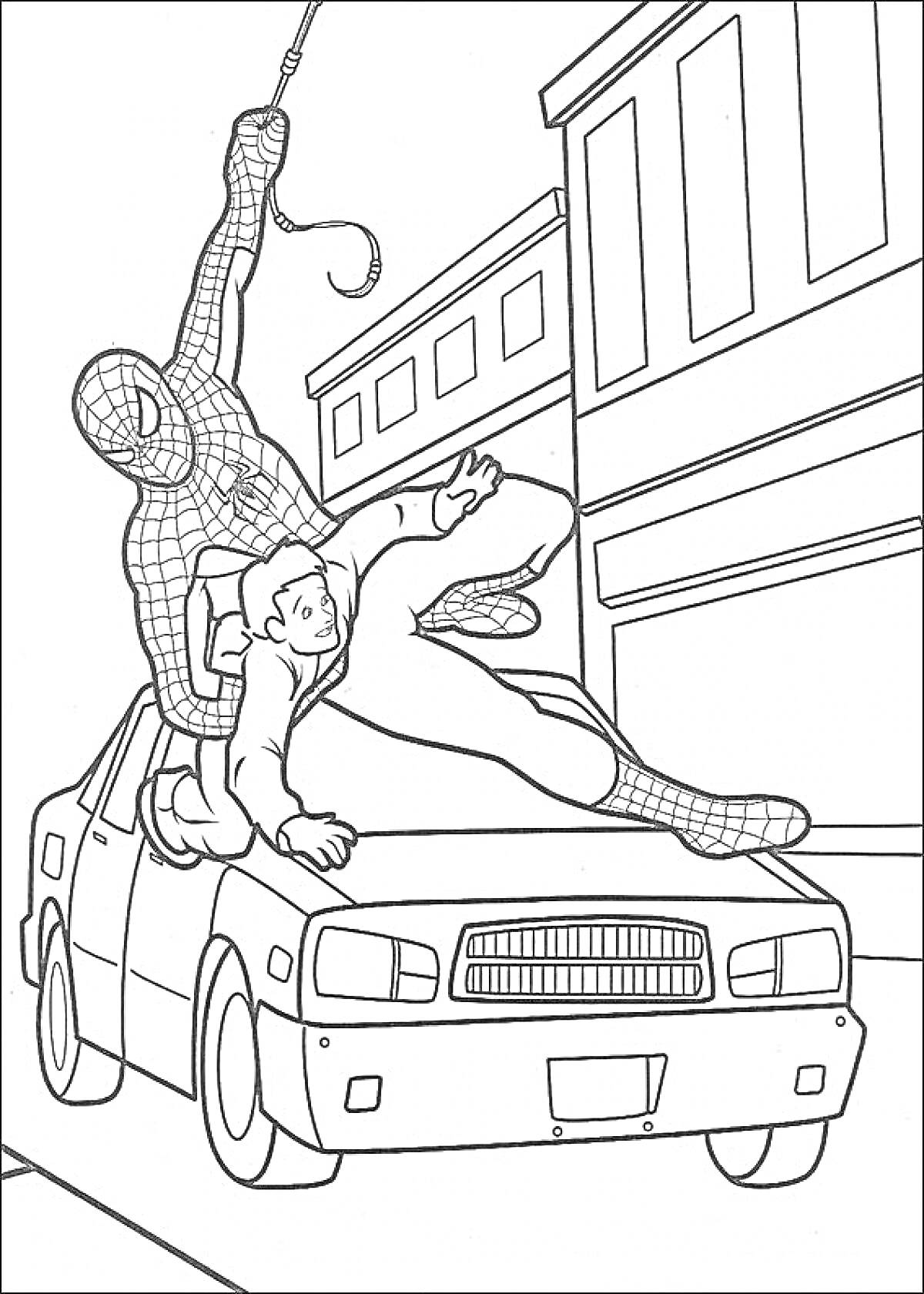 Раскраска Герой-паук на паутине спасает человека на крыше машины в городе