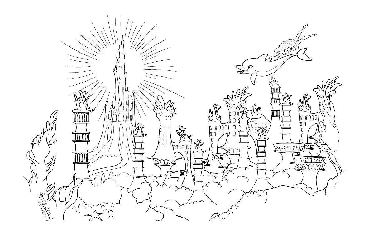 На раскраске изображено: Замок, Башни, Морское дно, Водоросли, Подводный мир, Русалка, Дельфины, Океаны