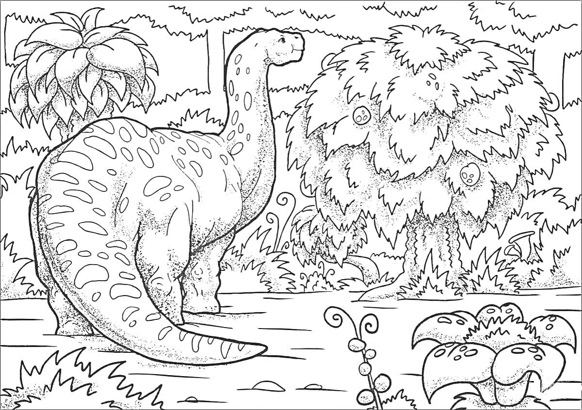 Раскраска Динозавр в лесу палеозойской эры с деревьями и кустами
