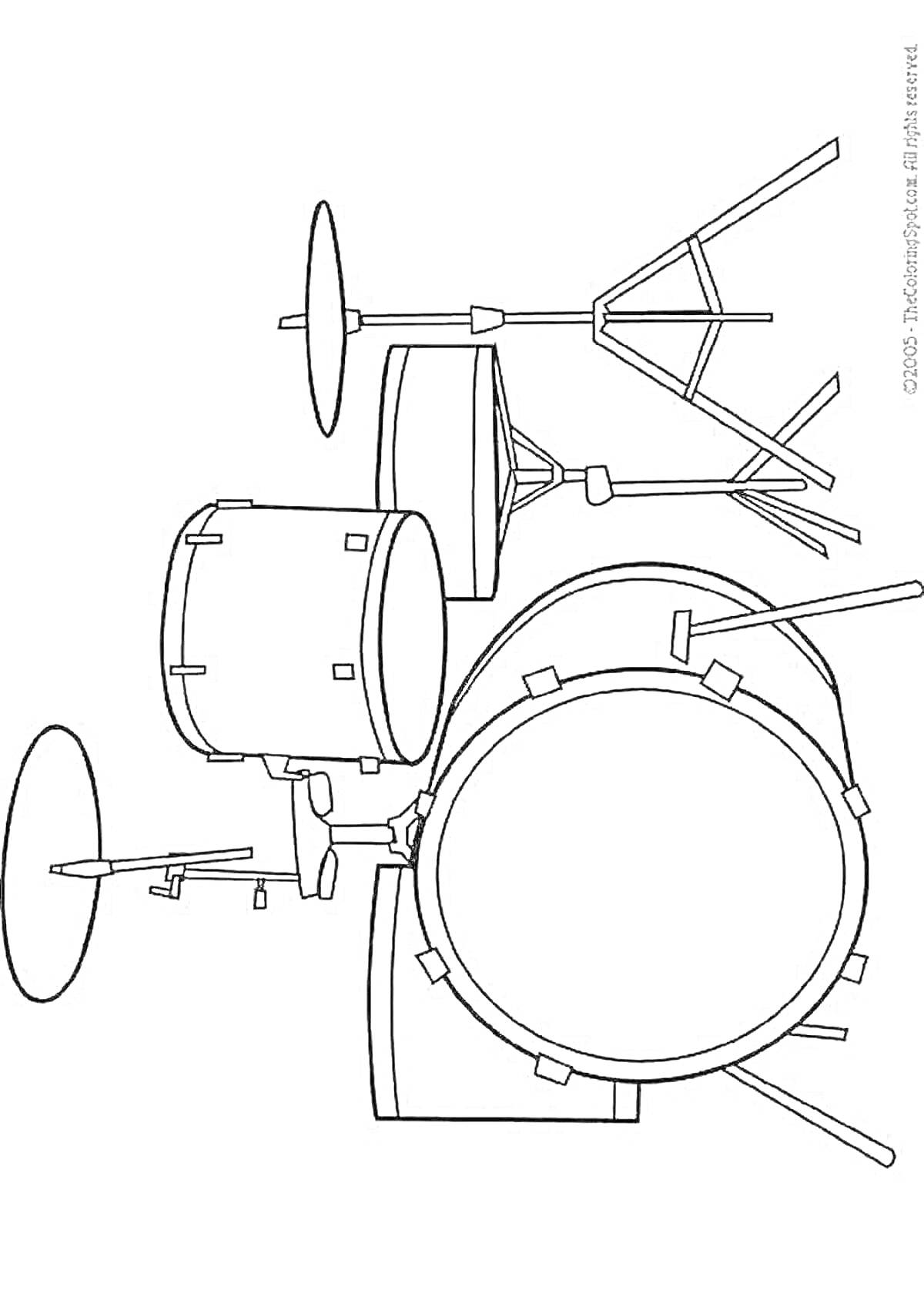 Раскраска Установка барабанов с большой бас-бочкой, малым барабаном, несколькими томами и тарелками