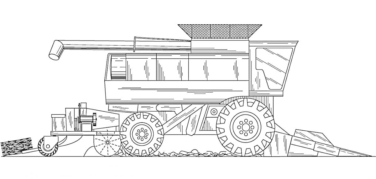 Раскраска Комбайн с жаткой, кабиной, колесами и выгрузным шнеком