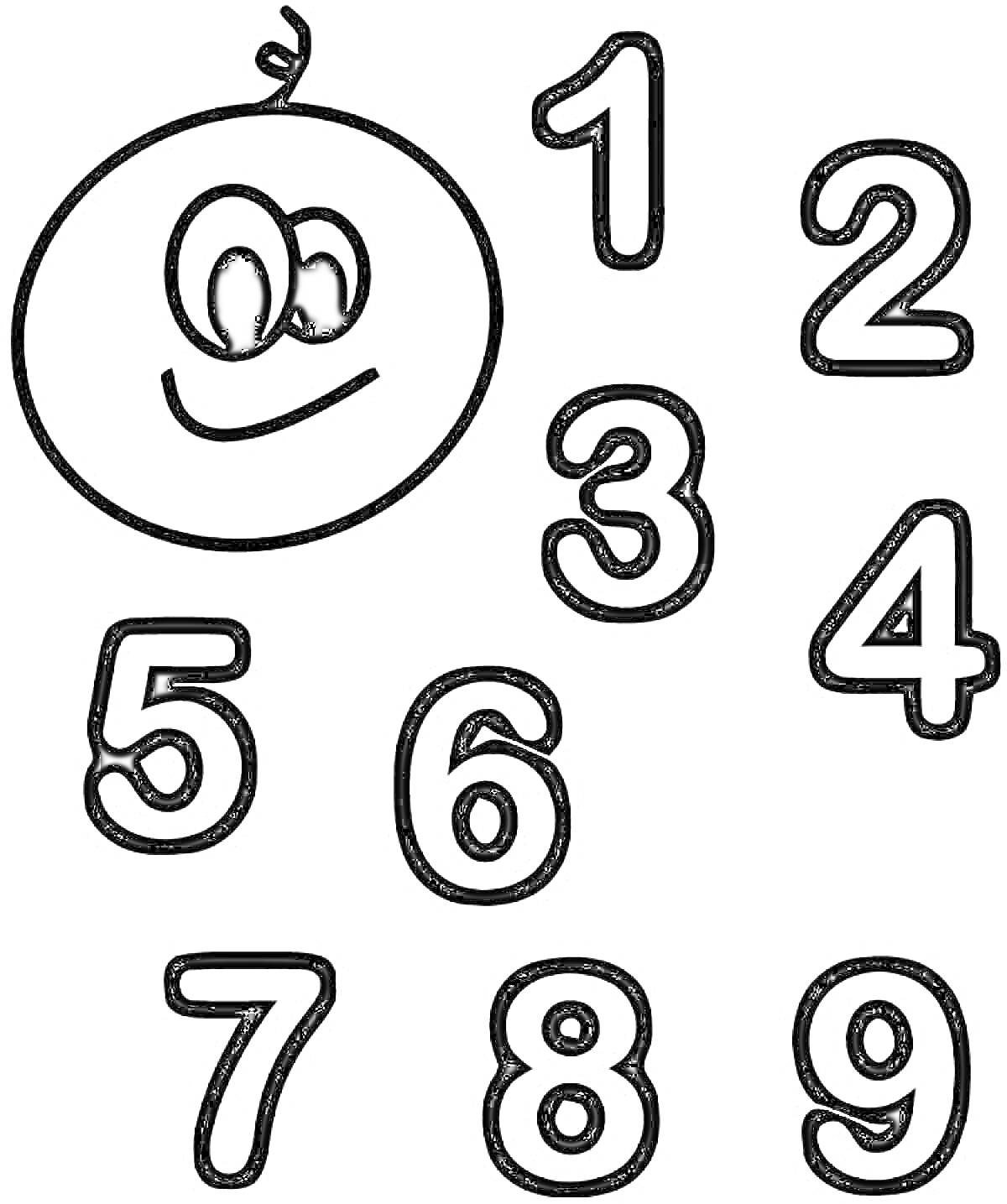 На раскраске изображено: Цифры, Обучение, Математика, Дошкольники, Цифра 8, Цифра 2, Цифра 5, Цифра 7, Цифра 6, Цифра 1, Цифра 3, Цифра 9, Цифра 4, Для детей