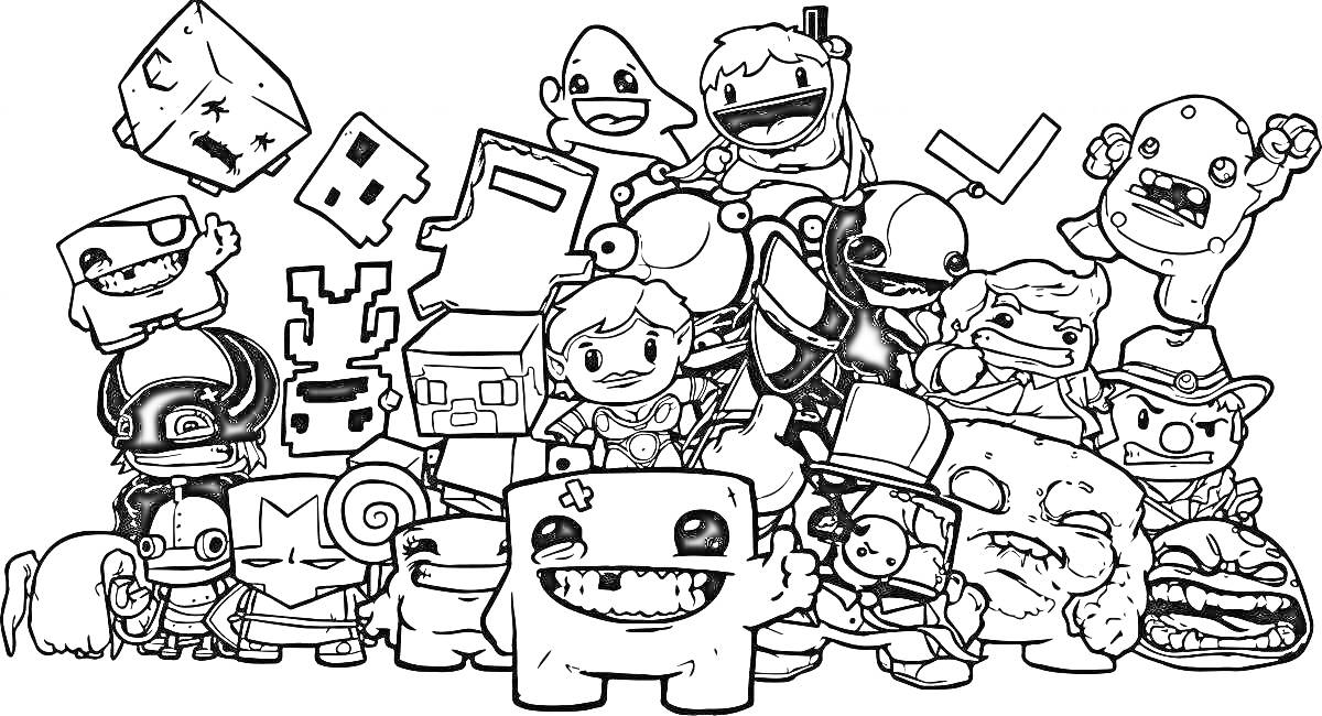 Раскраска Различные забавные и милые пиксельные персонажи, в том числе герои в шлемах, существа с большими улыбками, коробки с лицами, робот с мечом, персонажи с рожками и гирями на головах, и другие разнообразные элементы