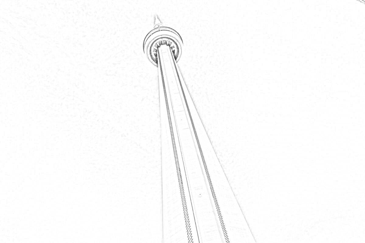 На раскраске изображено: Канада, Архитектура, Высокое здание, Туристическая достопримечательность, Небо, Облака