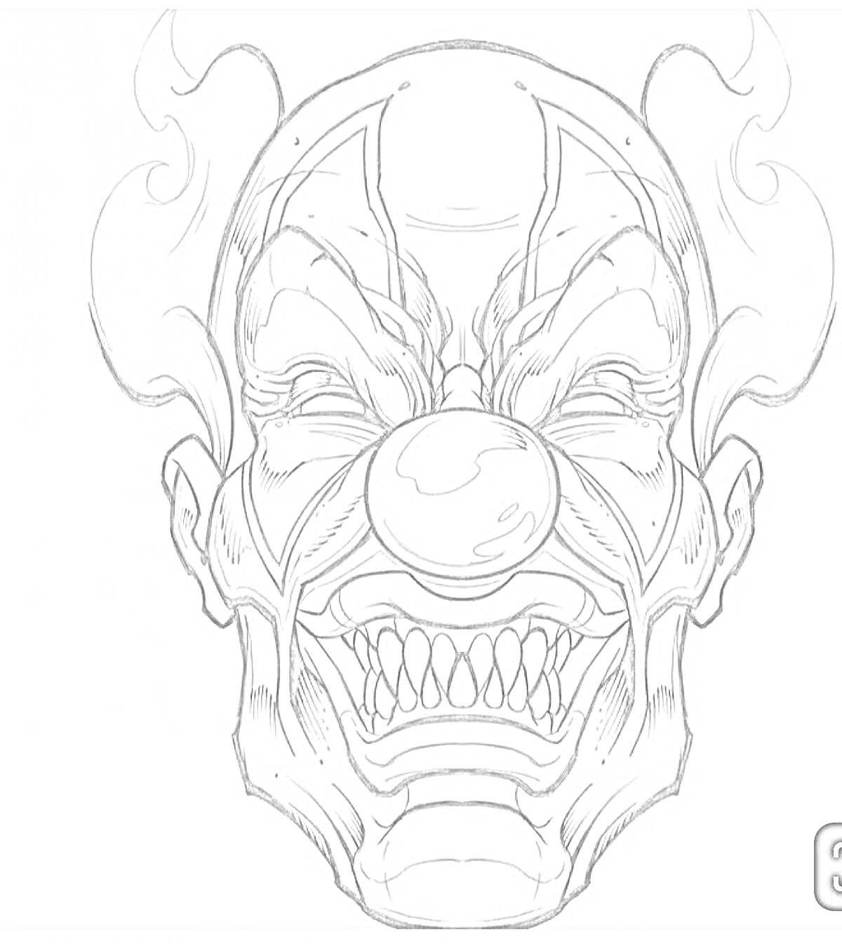 Раскраска Ужасный клоун с горящими глазами и злыми зубами