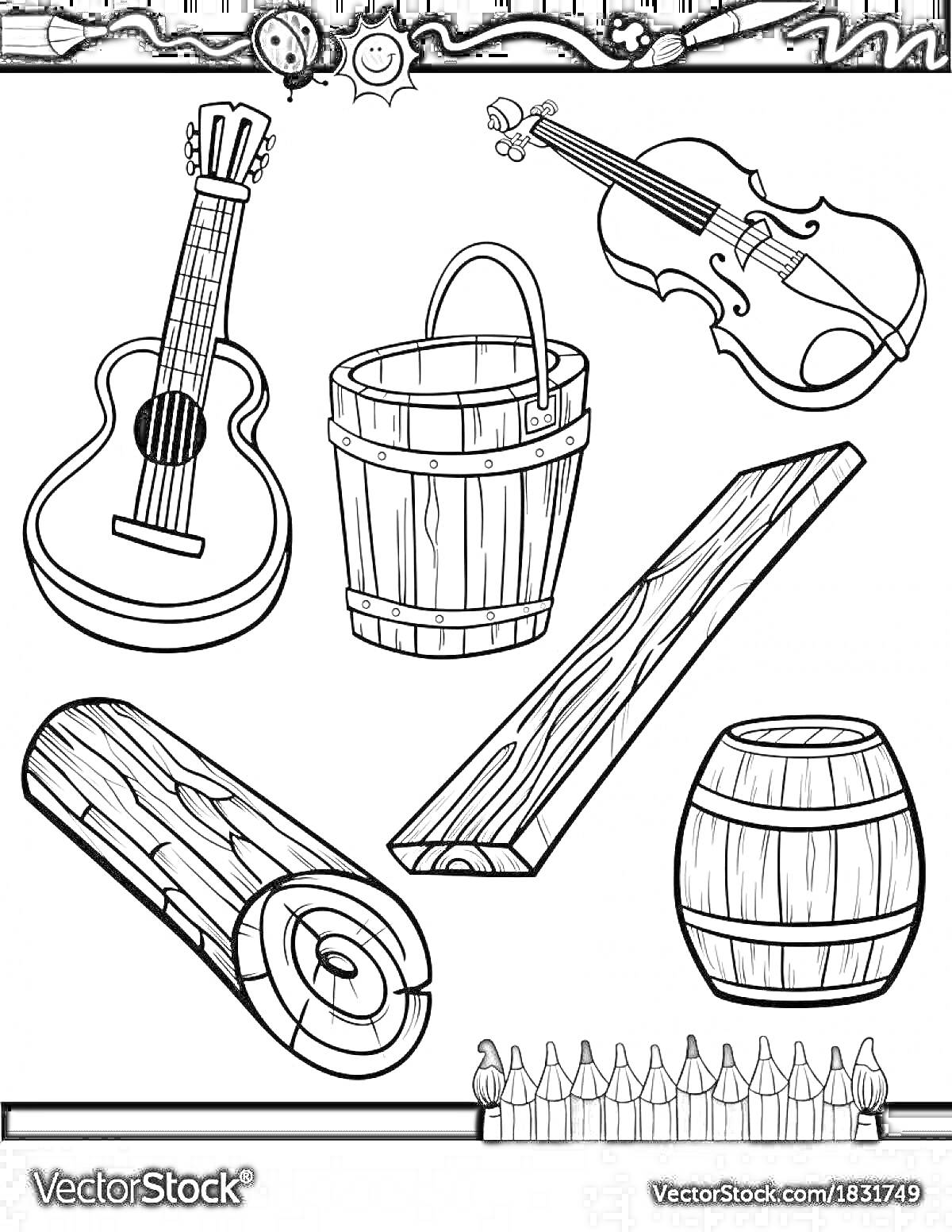 Раскраска Раскраска с элементами из дерева - гитара, скрипка, ведро, доска, бревно, бочонок