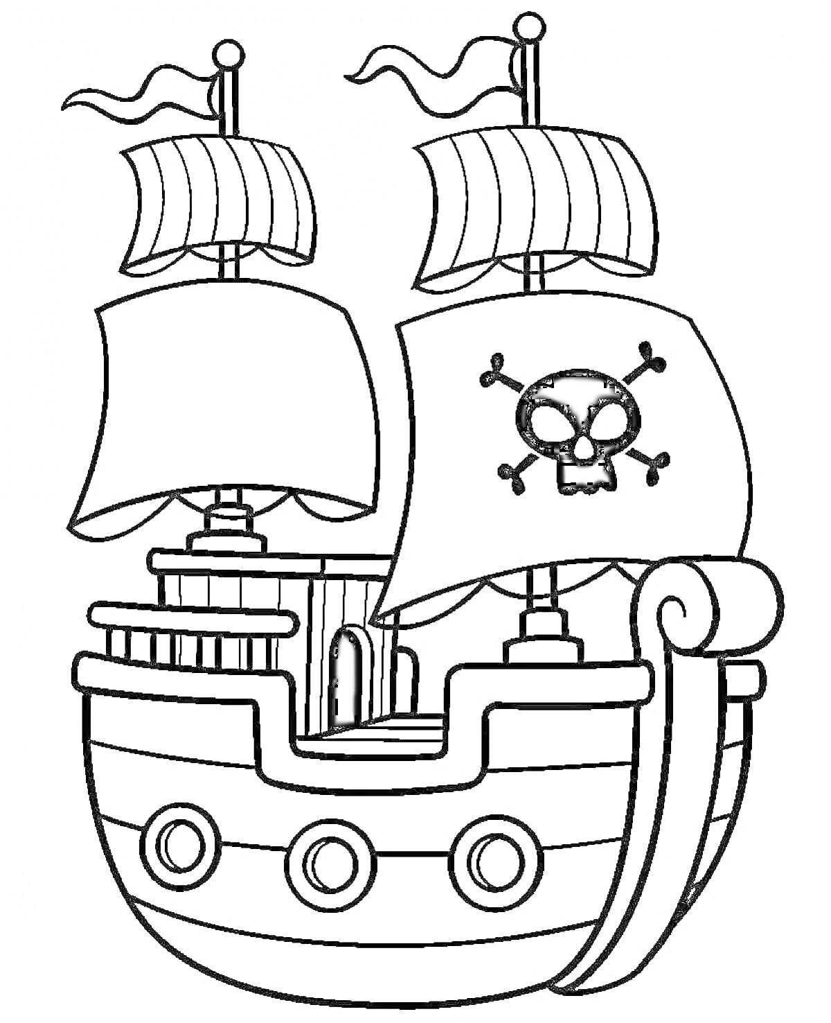 Раскраска Пиратский корабль с тремя пушечными орудиями, дверью на палубе и парусом с черепом и костями