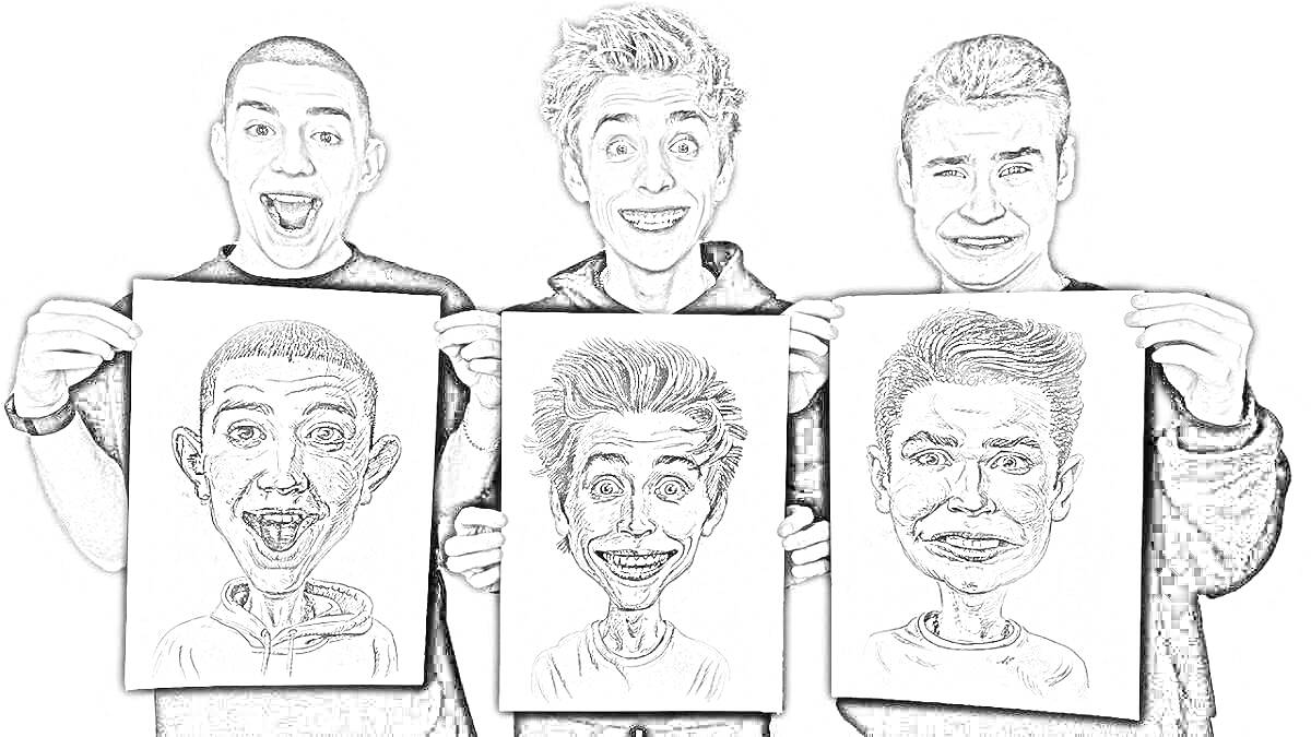 Раскраска Три человека с карикатурами своих лиц