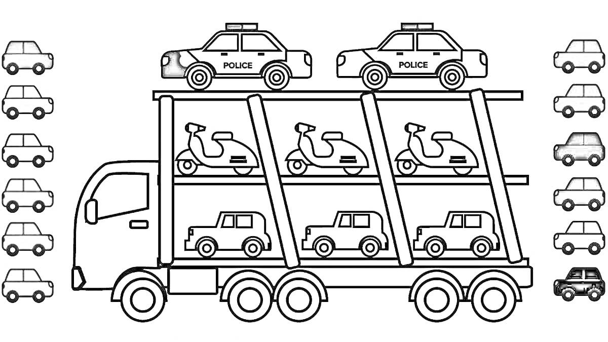 На раскраске изображено: Транспорт, Для детей, Мотоцикл, Грузовая машина, Легковая машина