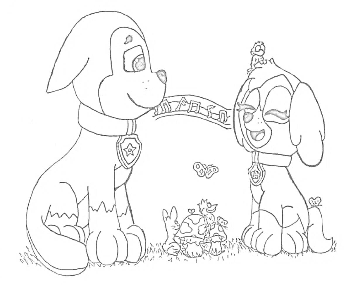 Раскраска Щенки скачащие радуга, бабочка, гриб, зайчики