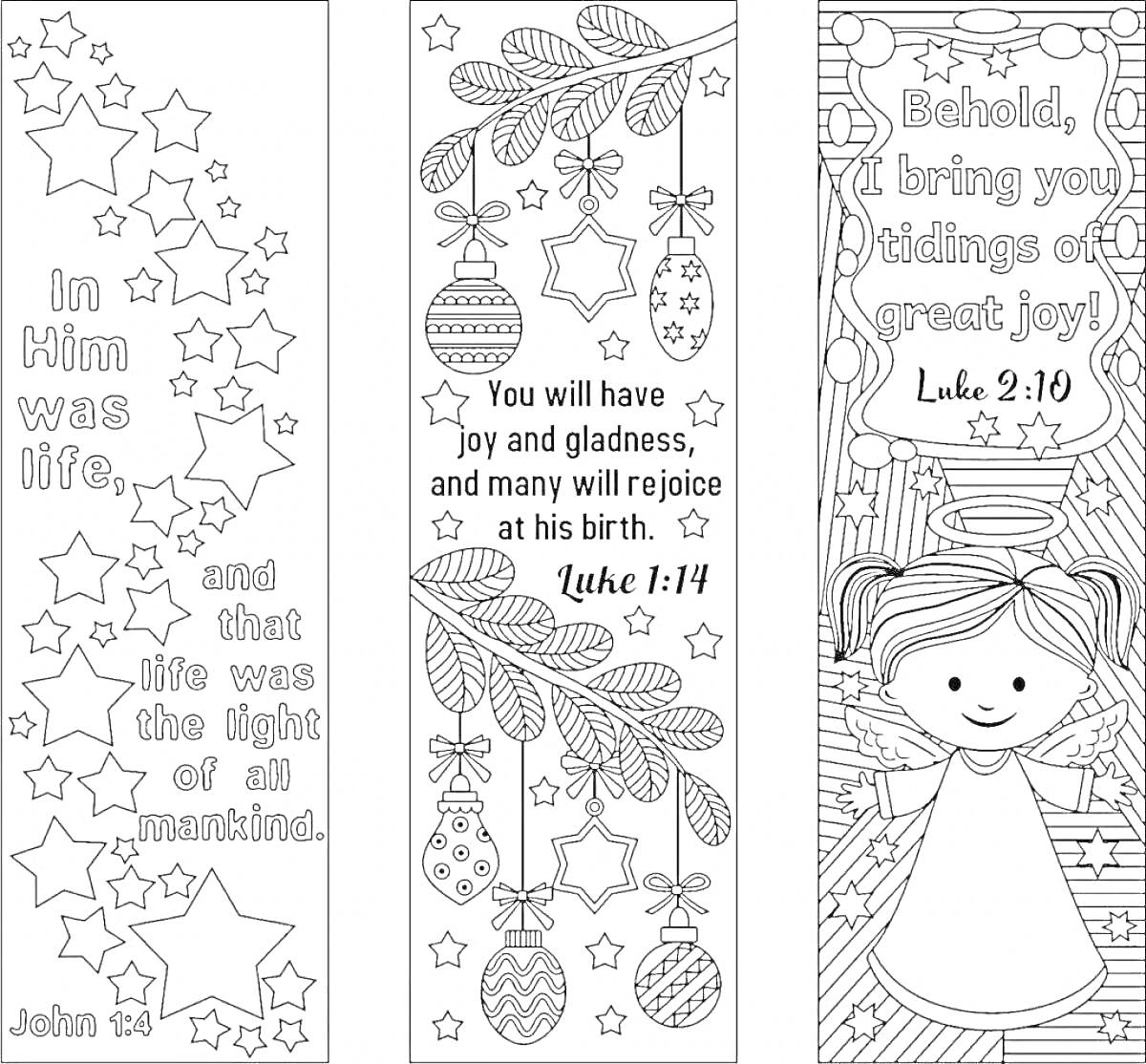 Раскраска Закладки новогодние с цитатами из Библии, звездами, елочными игрушками и ангелом