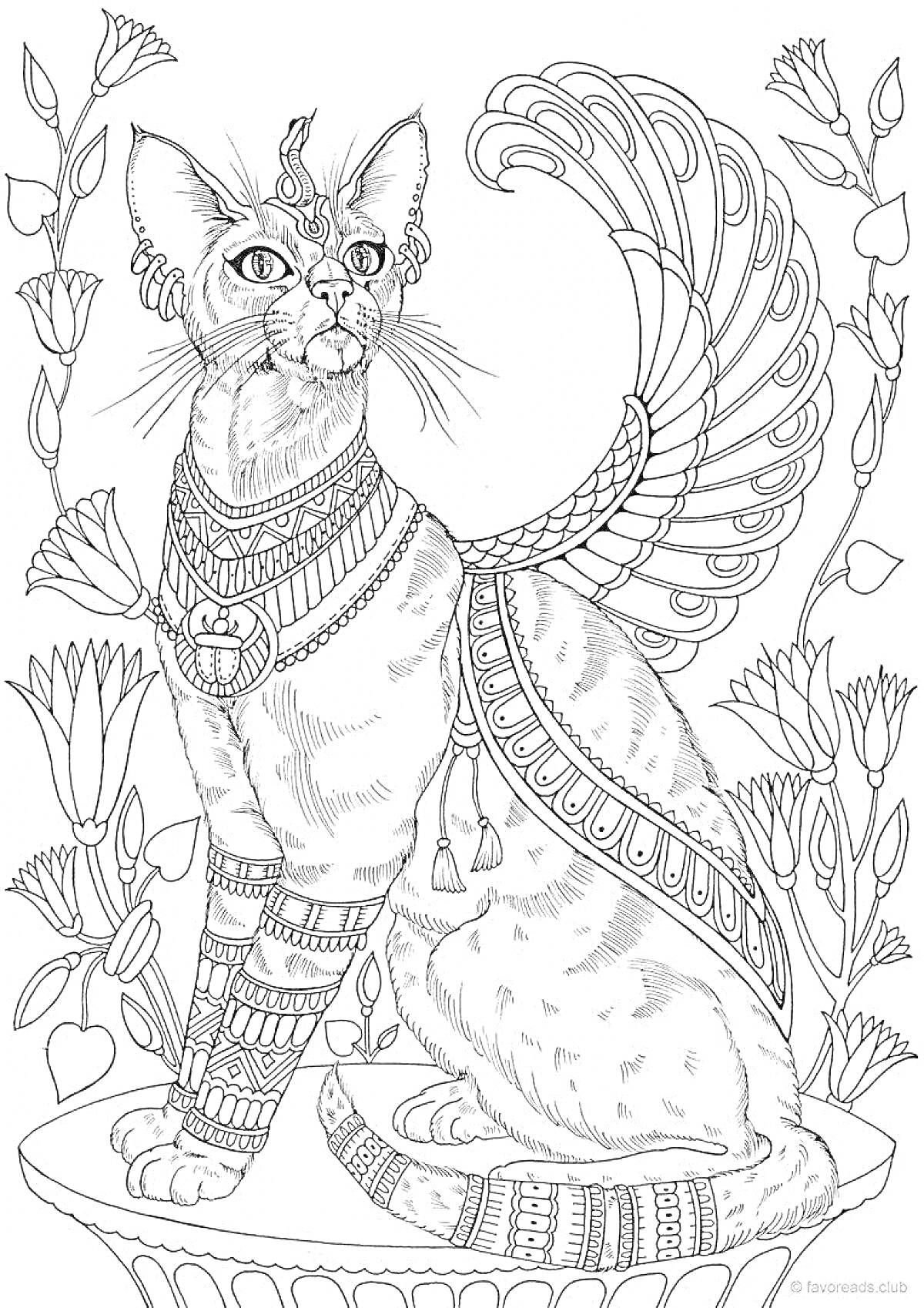 На раскраске изображено: Египетская кошка, Корона, Декоративные элементы, Украшения, Цветы, Пьедестал, Растения, Мифические существа