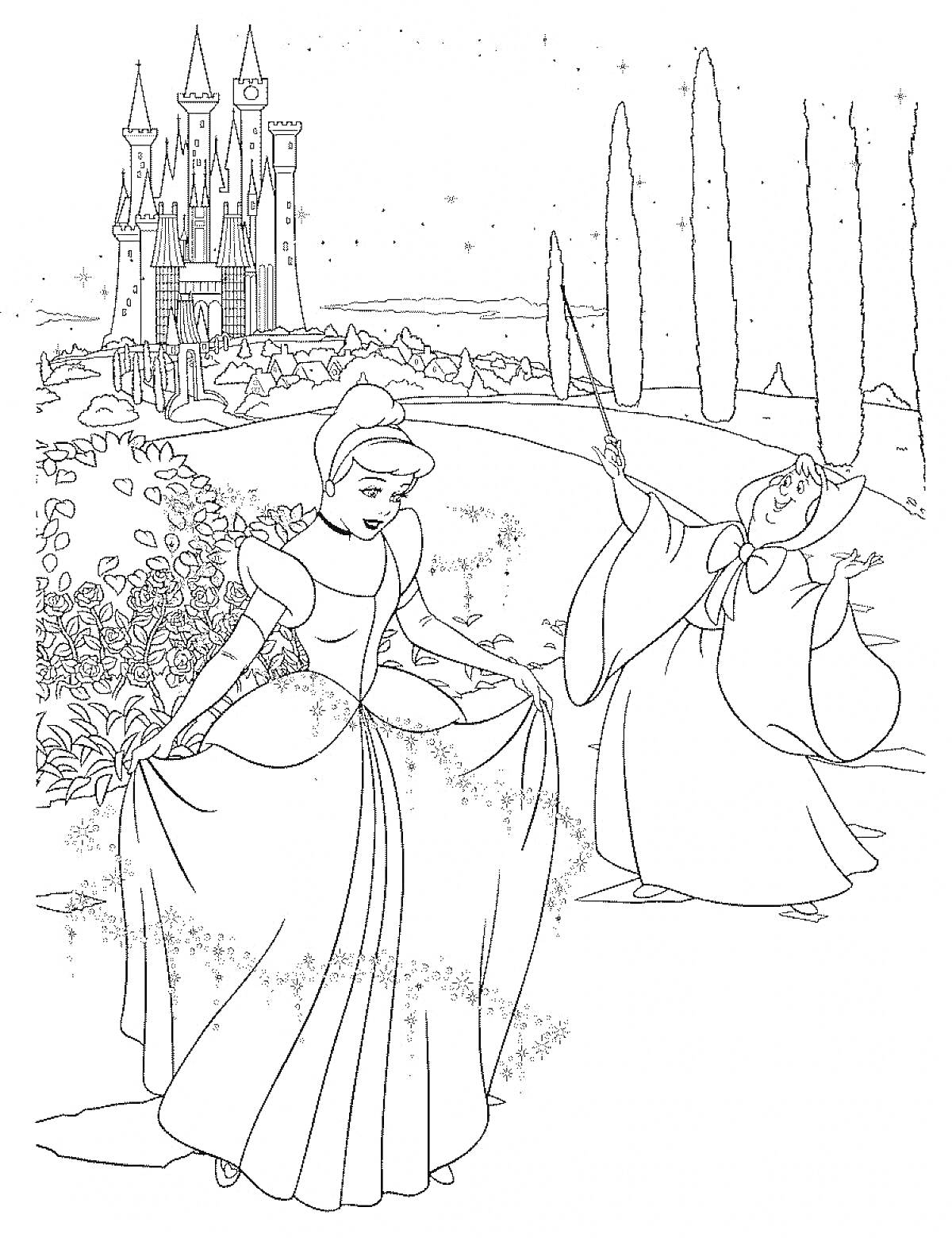 Раскраска Золушка и фея крестная на фоне замка