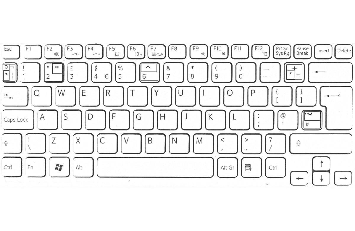 Раскраска Клавиатура с выделенными клавишами Esc, F1, F4, Print Screen, Пауза, Enter, Shift, стрелка вверх, Num Lock и стрелка вниз