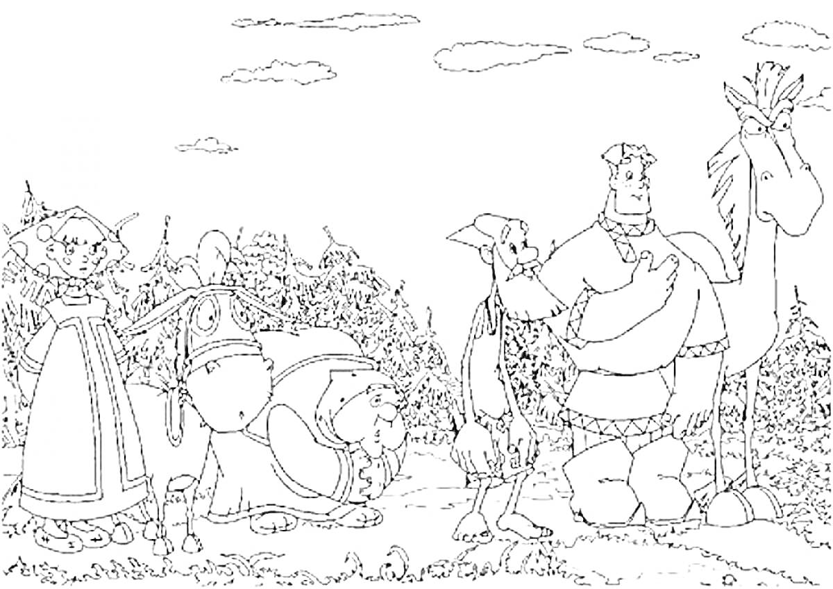 На раскраске изображено: Три богатыря, Богатырь, Конь, Лес, Сказочные персонажи, Из мультфильмов, Для детей, Герой
