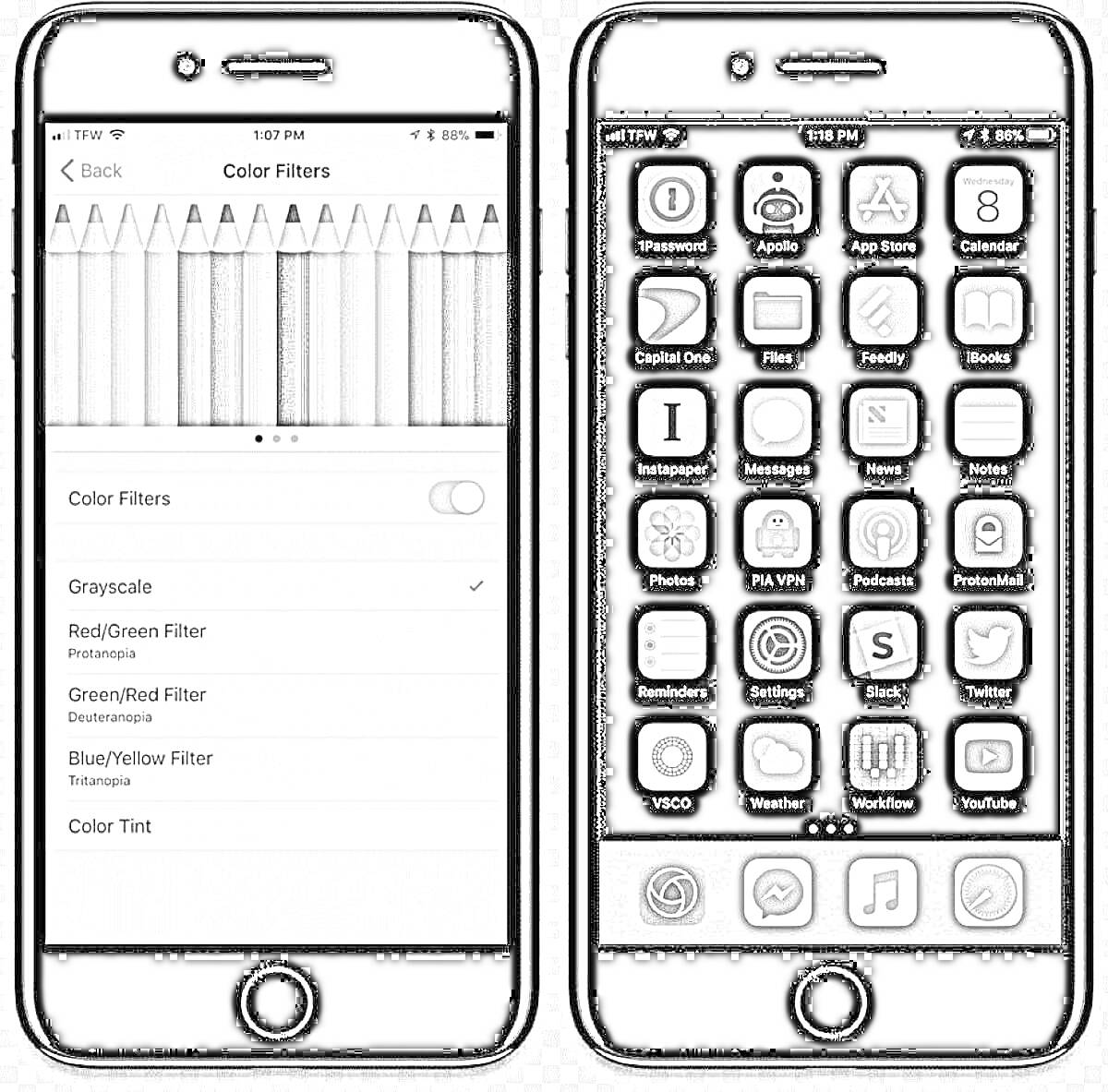 Раскраска Два айфона, левый экран с настройками цветовых фильтров, правый экран с иконками приложений