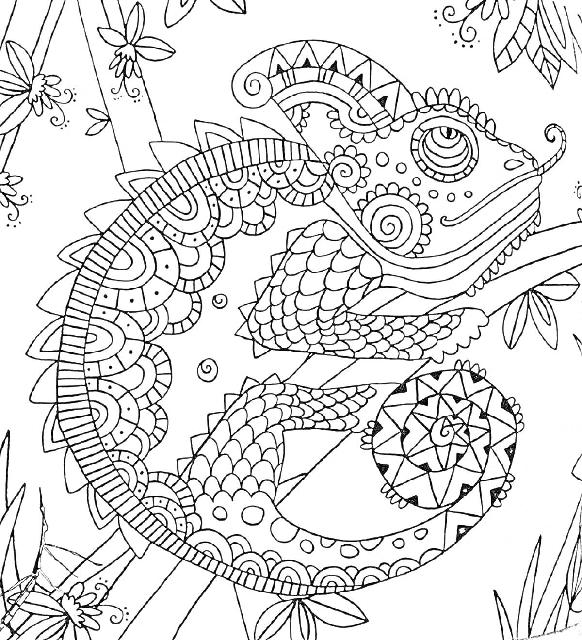 Раскраска Хамелеон на ветке с узорами, листья и миниатюрные цветы