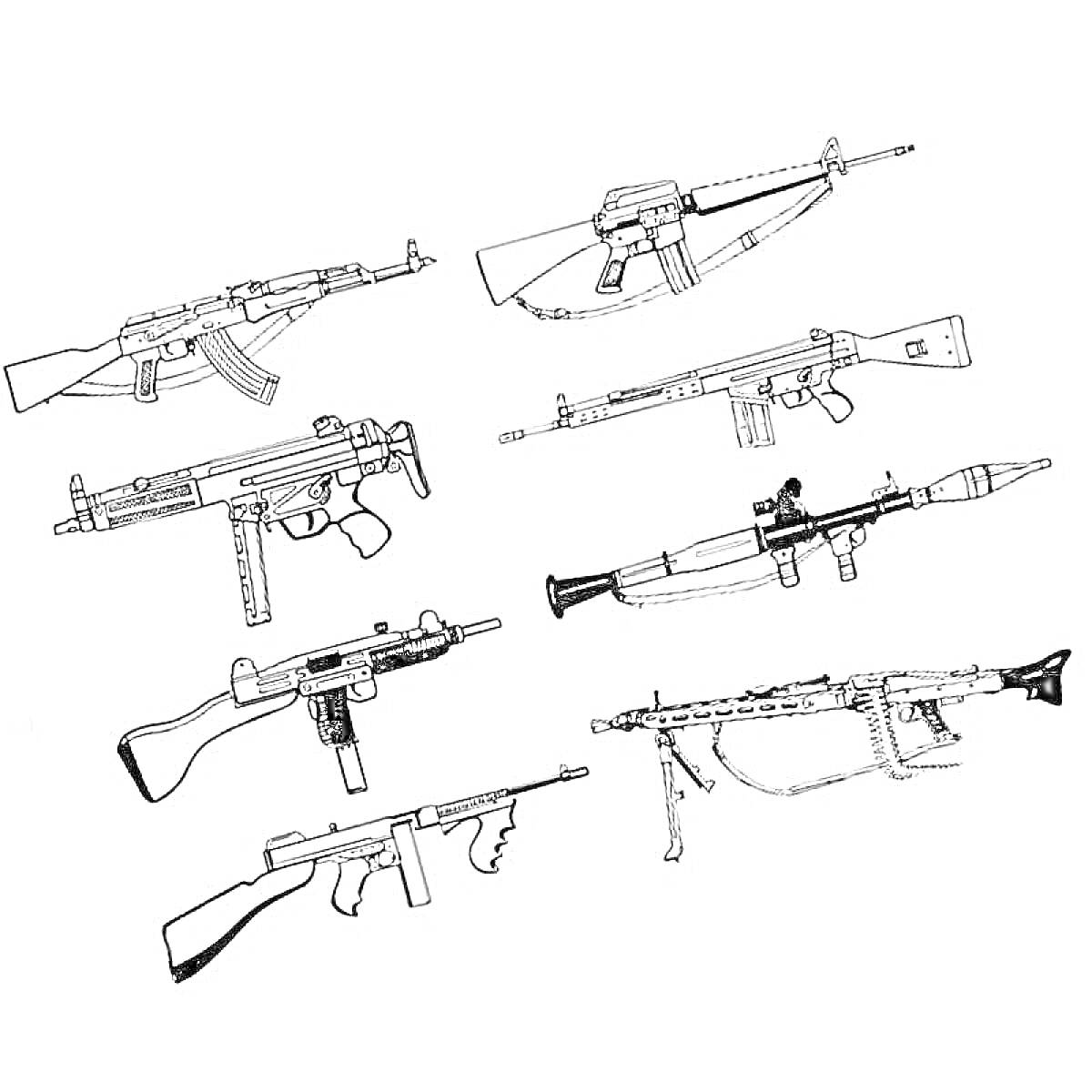 На раскраске изображено: Стендов 2, Оружие, Автомат Калашникова, Штурмовая винтовка, Снайперская винтовка, Подствольный гранатомет, Пистолет-пулемет, Гранатомет, Для детей