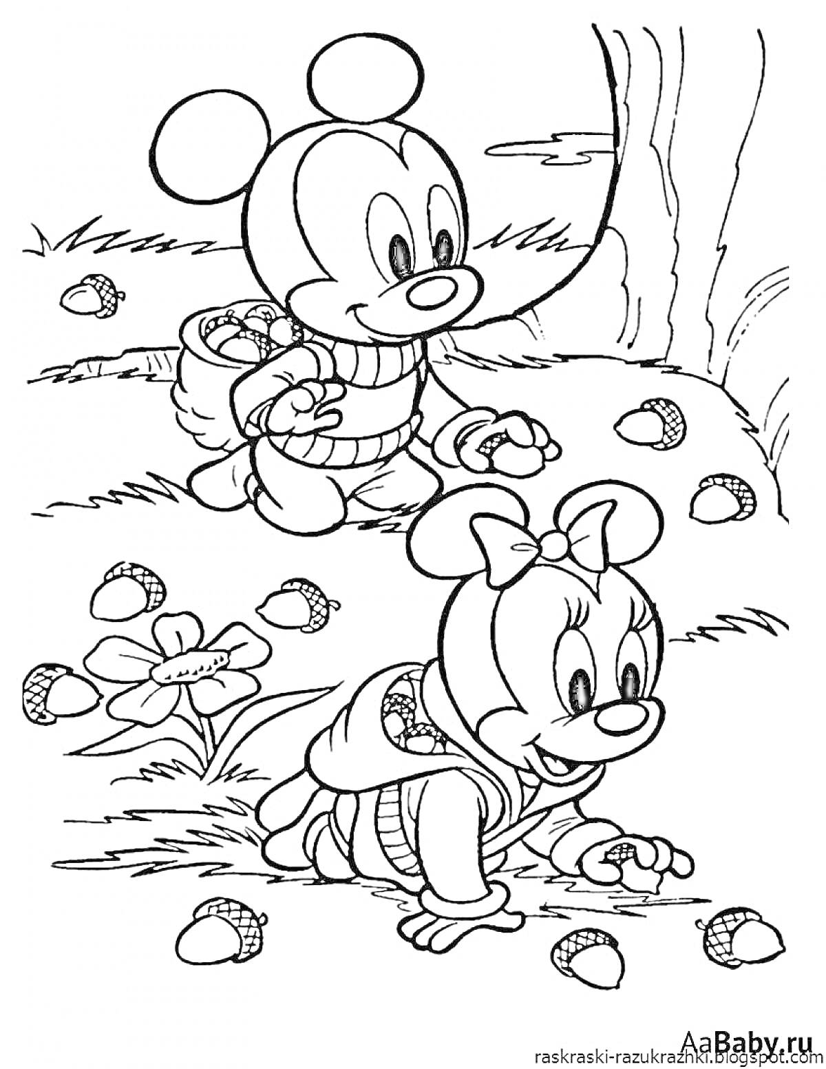 РаскраскаДва мышонка собирают шишки на лесной полянке