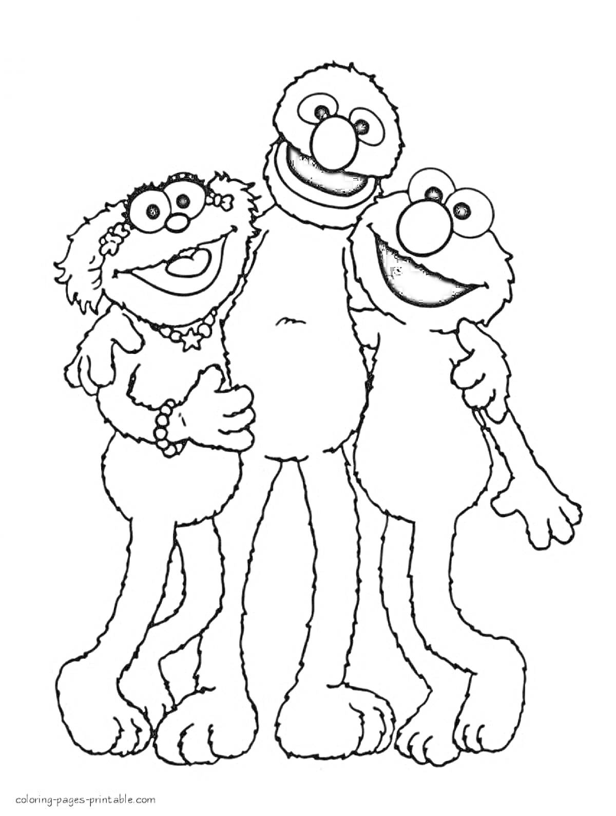 Раскраска Три радужных монстра-друга в обнимку