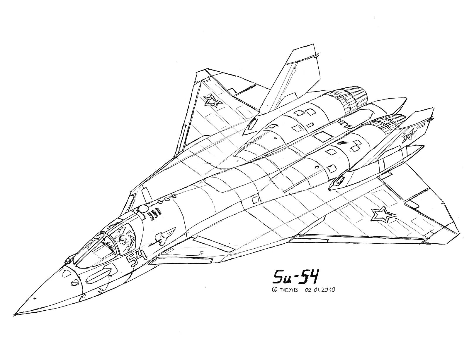 Раскраска черно-белый рисунок истребителя Су-57 с деталями корпуса, крылами, кабиной, шасси и звездочками на крыльях