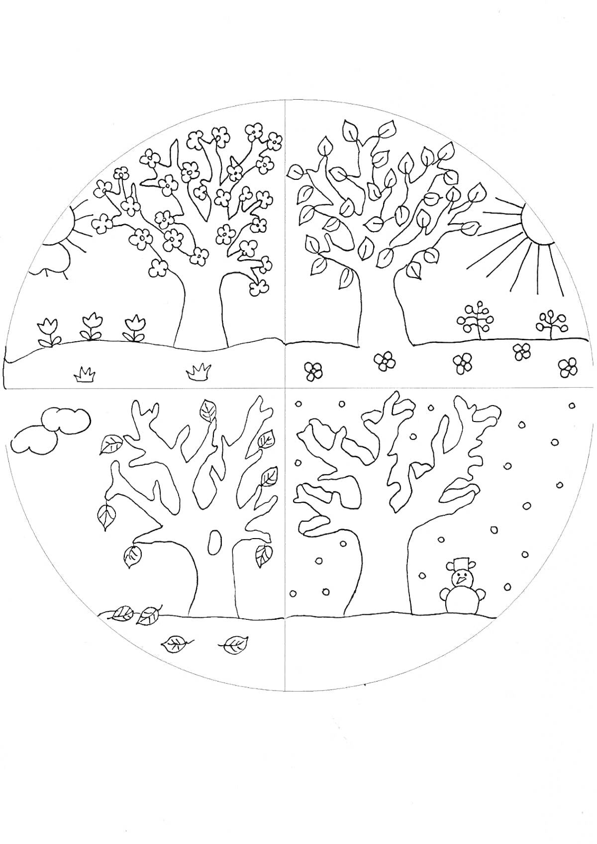 Раскраска четыре времени года: весна с цветущими деревьями и цветами, лето с плодоносящими деревьями, солнцем и травой, осень с деревьями, теряющими листья и падающими листьями, зима с деревьями без листьев, снегом и снеговиком
