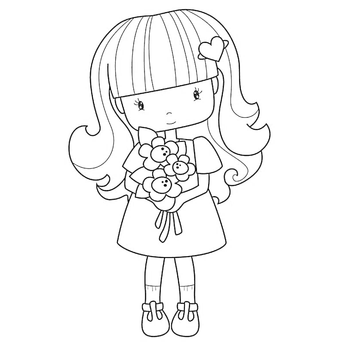 Раскраска Девочка с букетом цветов, сердечко на заколке